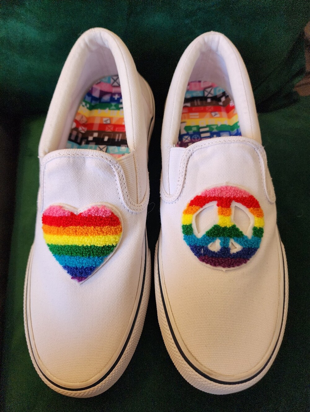 Men SPERRY White Slip-On Sneakers with Rainbow Heart & Peace Patch